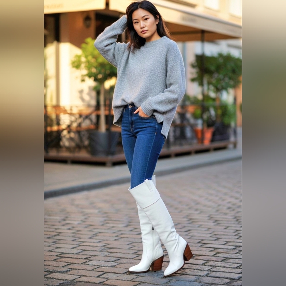 Silent D OVER KNEE WHITE LEATHER BLOCK HEEL BOOTS